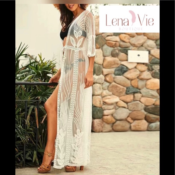 Embroidered Bone Gauze Lace Kimono Duster Robe In Ecru White, Open Tie Coverup - Picture 6 of 6